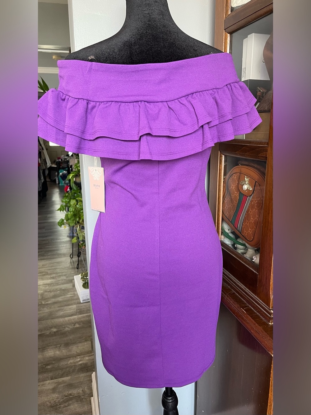 Off-Shoulder Ruffle One-Shoulder Purple Dress - Picture 2 of 5